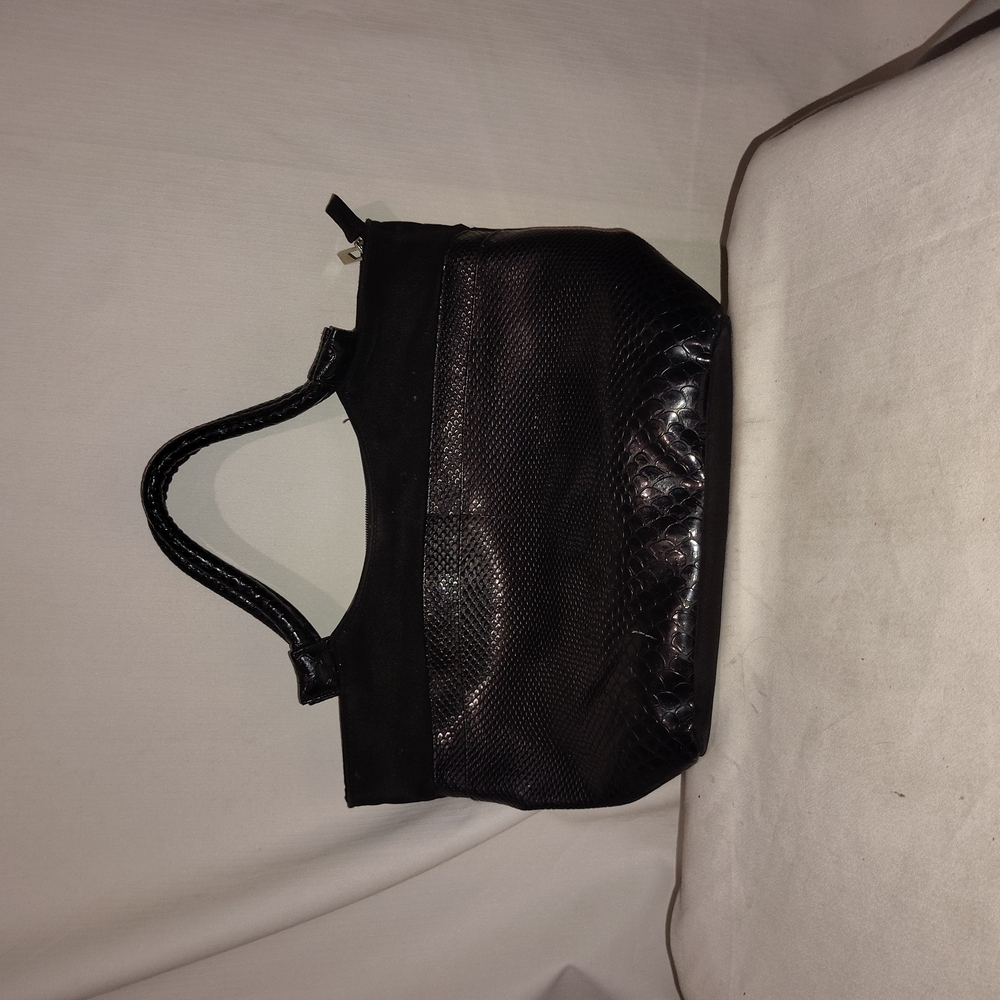 Bijoux Terner, black purse, fake snake skin, and matte